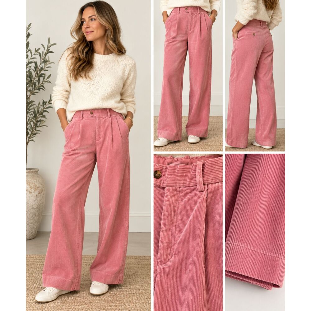 Banana Republic Wide Leg Corduroy Pants Salmon Pink Pleated Trousers Size 2